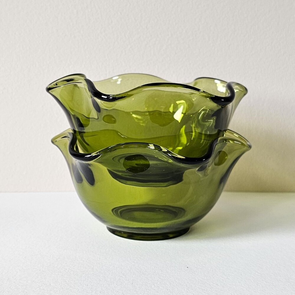Set of Two Olive Indiana Glass Ruffled Bowls
